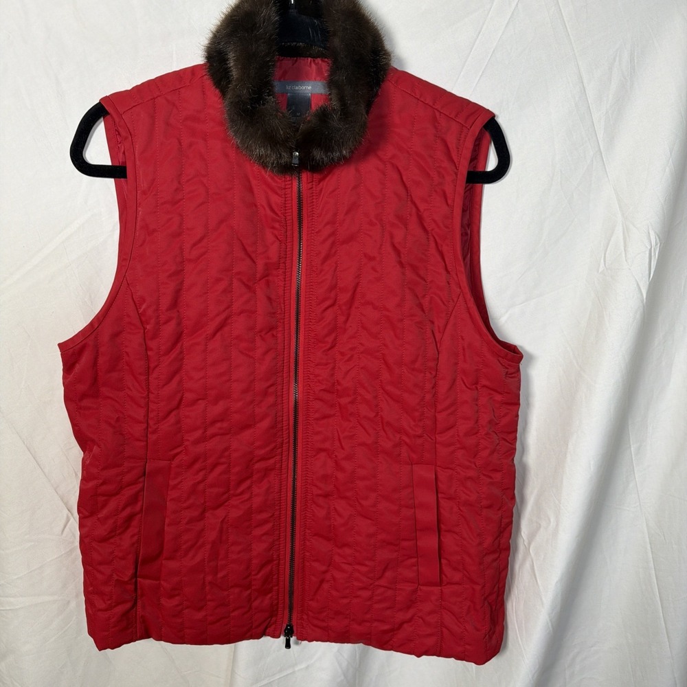 Liz Claiborne Women's Vest Size M Red Quilted Zip Faux Fur Collar